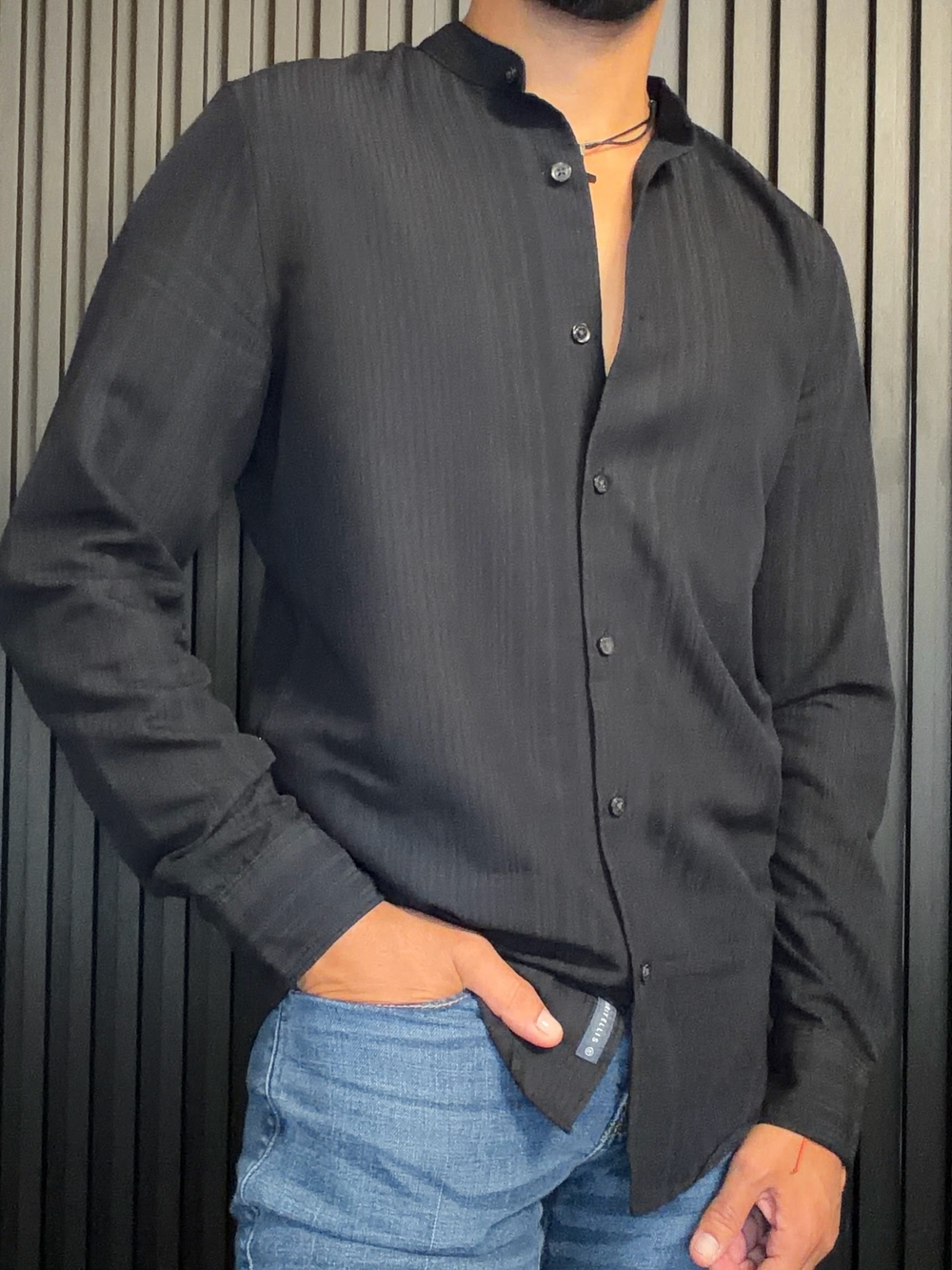 Used Perry Ellis Black Long-Sleeve Mandarin Collar Shirt sz S